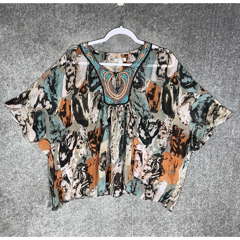 Boho Embroidered Mixed-Print Top in Teal & Rust - Unknown Brand